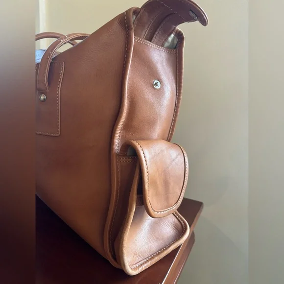 J. Crew Large Brown Leather Tote Bag Exterior Pockets Tan - Picture 8 of 14